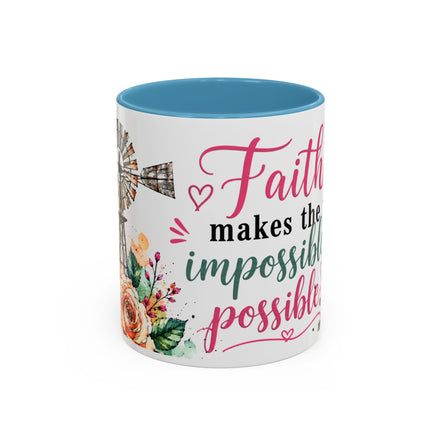 "Faith Makes the Impossible Possible" Coffee Mug — Floral Cross Inspirational Christian 110z