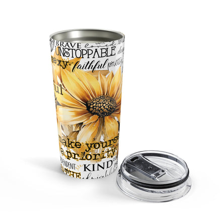 Inspirational Sunflower 20oz Tumbler — Motivational Word Art Travel Mug